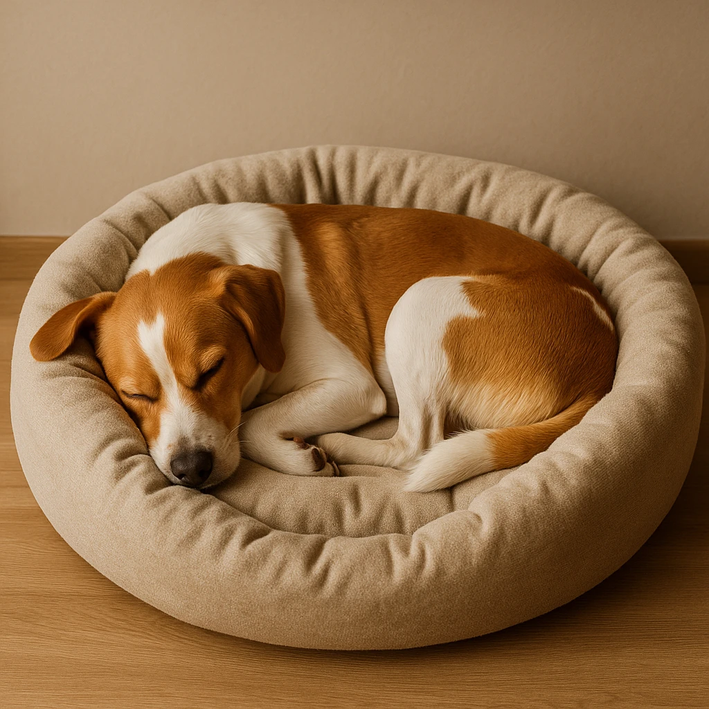 Hond slaapt comfortabel in mand